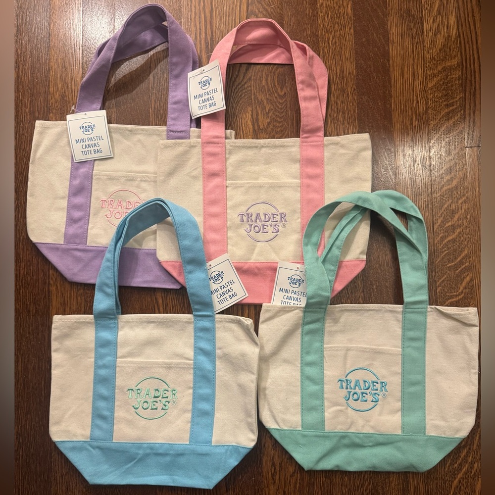 NWT Set Of 4 Trader Joe's Pastel Mini Canvas Tote Bags